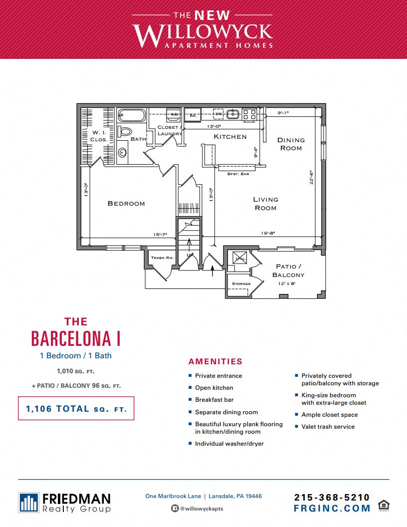Floor plan for 1 bed, 1 bath, 1010 sqft
